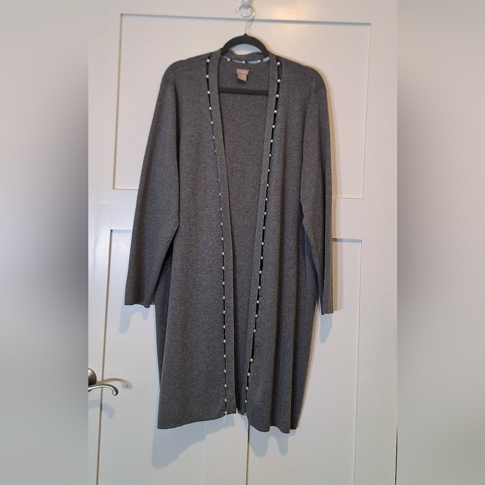 Chico's Open Front Long Cardigan Duster Gray Pearl Edged Seams Rayon Blnd XL/3